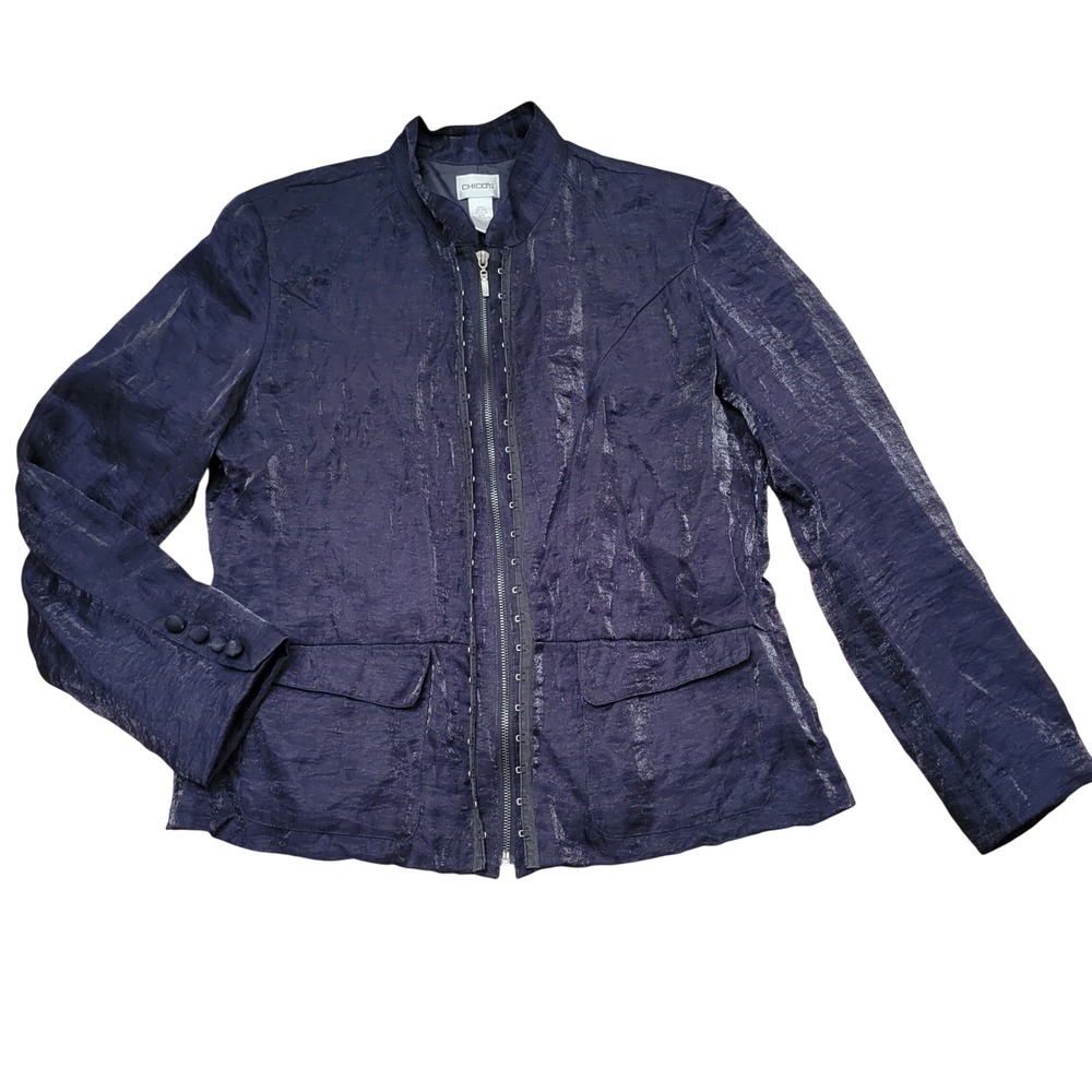 Chicos 2 Jacket Black Linen Blend Zip Up Hook & Eye Shimmer Blazer L 12 14 Glam
